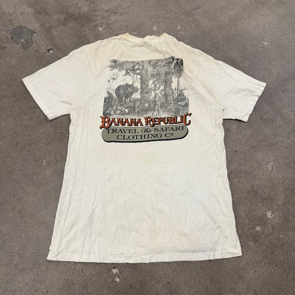 Vintage 90s Banana Republic Travel Safari Jungle Animal Pocket T Shirt USA Large